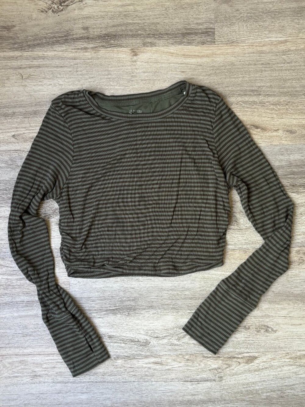 OFFLINE By Aerie Striped Green Thumbs Up Long Sleeve Ruched T-Shirt